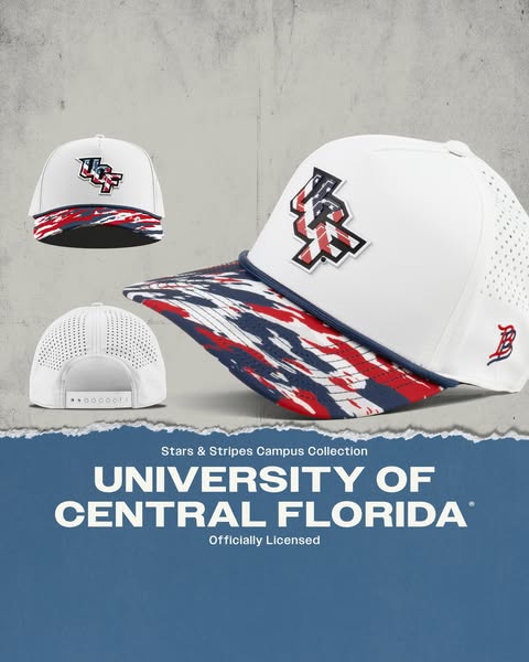 This ad features three baseball caps with a white crown and a stars-and-stripes-themed brim. The caps are from the Unive