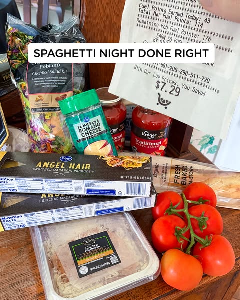 The ad shows ingredients needed for spaghetti night, including sauce, pasta, cheese, salad, bread and chicken parmesan. 