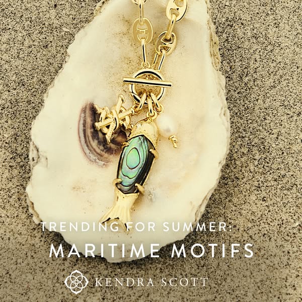 This image ad showcases Kendra Scott jewelry with maritime motifs, emphasizing its trendiness for the summer season. The