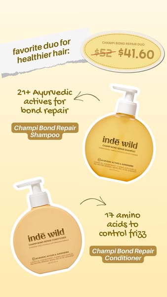 This ad is for Inde Wild's Champi Bond Repair Duo. The ad calls out the product's key ingredients and highlights