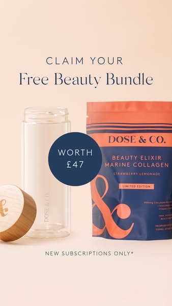 This image ad for Dose & Co promotes a free beauty bundle available for new subscribers only. It features the brand&