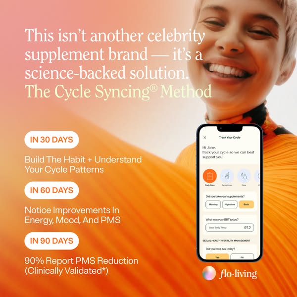 This ad for Flo Living uses a testimonial and features point out to highlight the benefits of their cycle syncing method