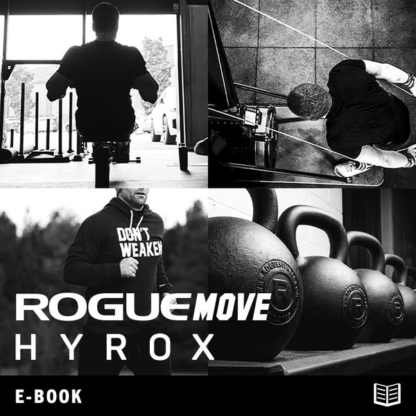 This black and white image ad for Rogue Move promotes a Hyrox E-Book. The ad features a collage of images showing people