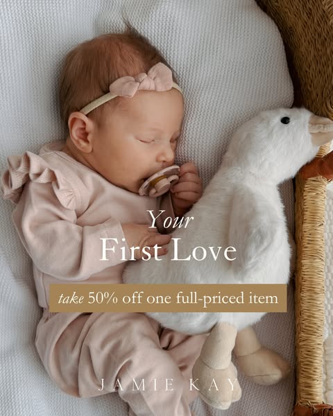 This image ad features a sleeping baby next to a stuffed animal, promoting a 50% discount on a full-priced item from Jam