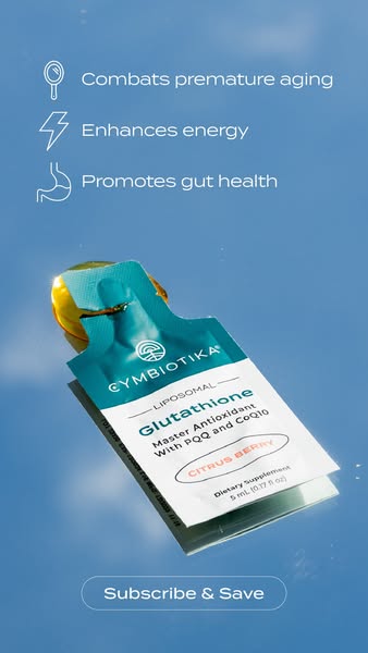 This ad promotes Cymbiotika Liposomal Glutathione, highlighting its benefits for combating premature aging, enhancing en