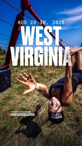 This image ad promotes the Spartan race event in West Virginia, scheduled for August 29-30, 2026. It features a woman ha