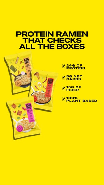 This ad promotes protein ramen by listing its nutritional benefits.