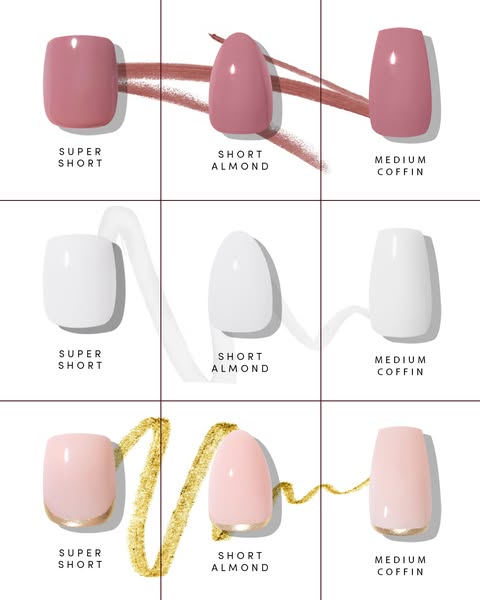 This ad displays three different nail shapes in three different colors. The nail shapes are super short, short almond, a