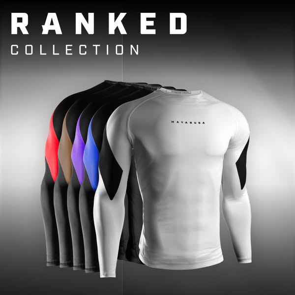 This ad showcases the Hayabusa Ranked Collection compression shirts, highlighting the variety of colors available. The a