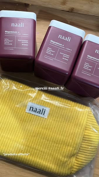 This ad features three containers of Naali Magnesium+ supplement and a yellow Naali pouch. The ad is likely targeted tow