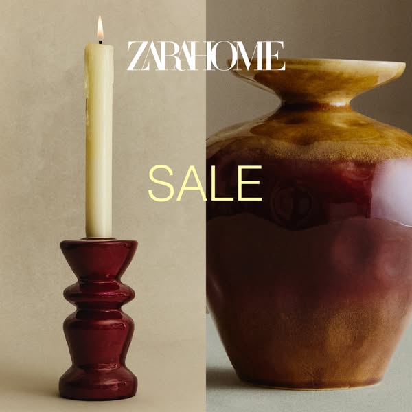 This Zara Home ad features a split screen showcasing a candle and holder on one side and a vase on the other, with a 
