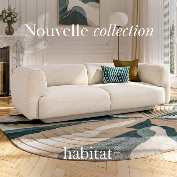 This ad showcases a new collection of furniture from Habitat, focusing on a stylish sofa in a well-decorated living room