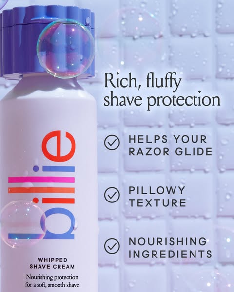 This ad for Billie Whipped Shave Cream highlights the product's key features and benefits, such as providing rich, f