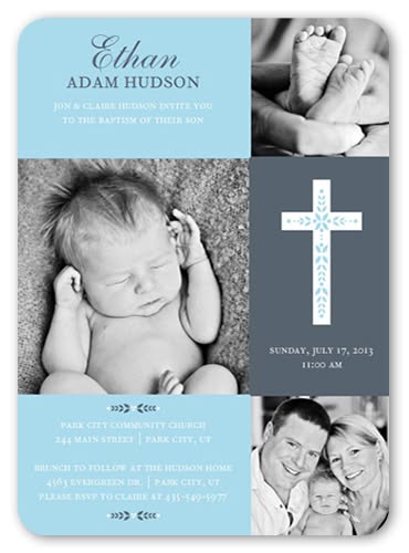 This ad is an invitation to the baptism of Ethan Adam Hudson. The invitation includes a photo of the baby, the parents&#