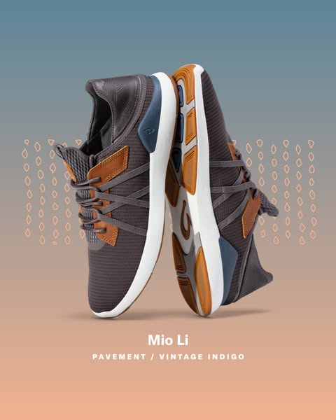 This ad features a pair of Mio Li shoes. The shoes are displayed against a gradient background with a pattern of teardro