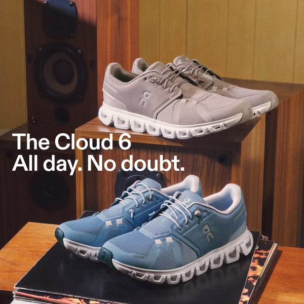 This ad showcases two pairs of On Cloud 6 running shoes in different colors, highlighting their versatility for all-day 
