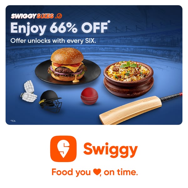 This image ad for Swiggy promotes a discount related to cricket scores, using imagery of a burger, biryani, and cricket 