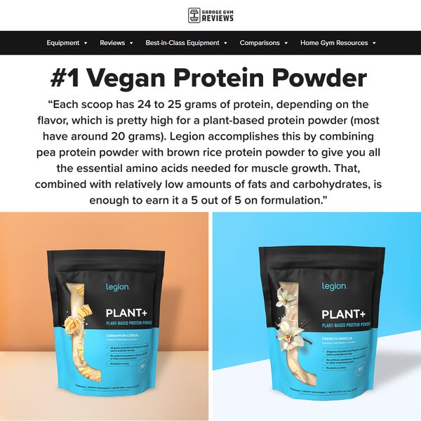 This ad for Legion Plant+ vegan protein powder features a review from Garage Gym Reviews, highlighting its high protein 