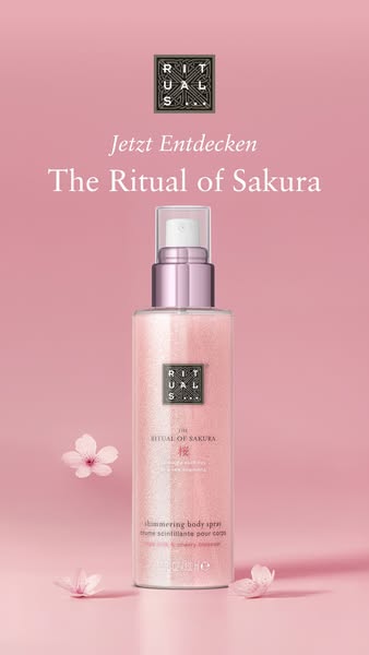 This ad for The Ritual of Sakura shimmering body spray features a product-focused image with a pink color scheme and min