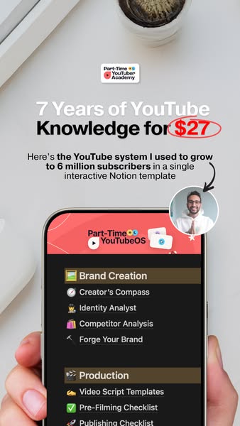 This ad promotes the Part-Time YouTuber Academy, offering a Notion template that contains the YouTube system used to gro