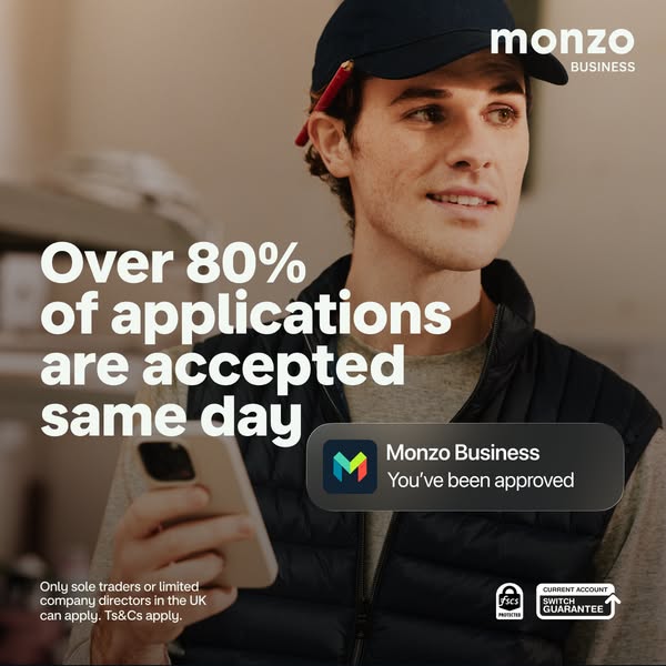 The image ad promotes Monzo Business, emphasizing the speed of application approvals. It features a confident-looking ma
