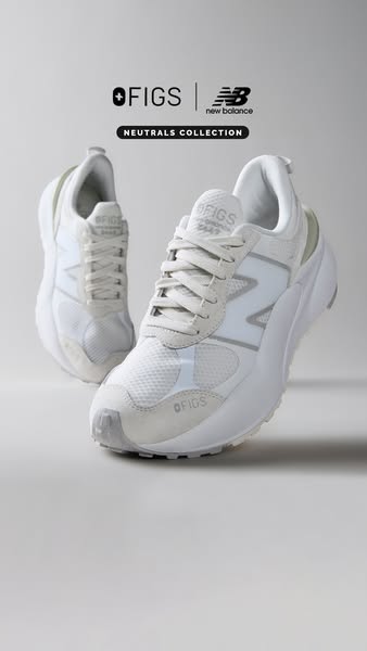 This ad features a collaboration between FIGS and New Balance, showcasing a pair of white sneakers from the Neutrals Col