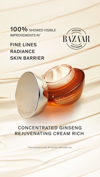 This ad showcases Sulwhasoo's Concentrated Ginseng Rejuvenating Cream Rich, highlighting its benefits for fine lines