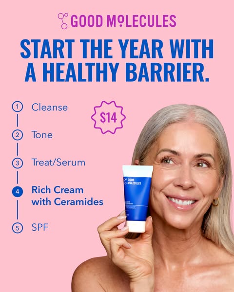 This ad promotes Good Molecules' Rich Cream with Ceramides as part of a 5-step skincare routine for a healthy skin b