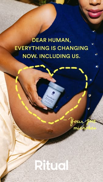 This image ad features a pregnant woman sitting on a couch, holding a bottle of Ritual Natal biotic+ supplement. The ad 