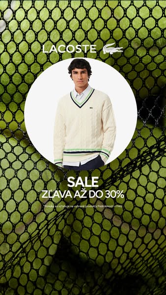 This image ad for Lacoste features a man wearing a cable knit sweater with a V-neck and the Lacoste logo. The background