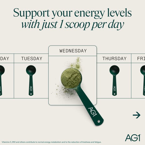 This image ad for AG1 shows a scoop full of the product positioned over a calendar to suggest daily use for consistent e