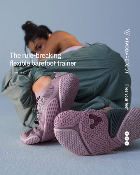 This ad showcases the Motus Flex barefoot trainer by VivoBarefoot. The ad highlights the flexibility and design of the s