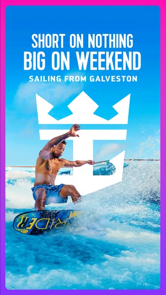 This ad for Royal Caribbean promotes weekend cruises sailing from Galveston, Texas. It features a man wakeboarding on a 