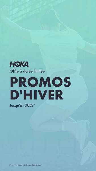 This ad promotes Hoka's winter sale, offering up to 30% off. The ad features a person jumping, suggesting the shoes 
