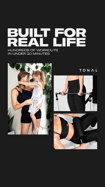 This image ad for Tonal features a mother holding her child, along with images of people working out with the Tonal mach