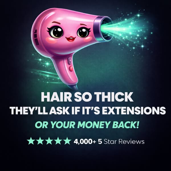 This ad shows a pink hair dryer with a cartoon face. It uses bright turquoise sparks to show the power of the dryer. The