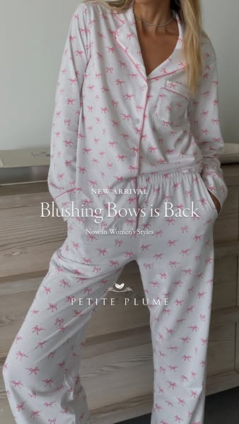 This ad showcases a woman wearing a set of Petite Plume pajamas with a pink bow pattern. The ad highlights the new arriv