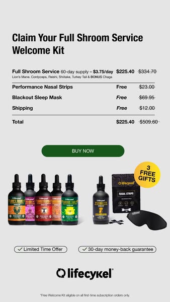 This image ad promotes Lifecykel's Full Shroom Service Welcome Kit, highlighting the included products and their val