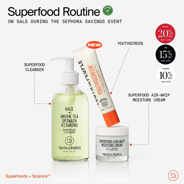 This ad promotes Youth To The People skincare products, specifically the Superfood Cleanser and Superfood Air-Whip Moist