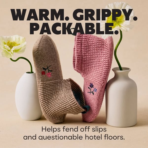 This ad showcases indoor slipper socks that are warm, grippy, and packable. They are presented alongside two small vases