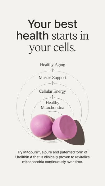 This ad promotes Mitopure, a pure and patented form of Urolithin A, highlighting its benefits for healthy aging, muscle 