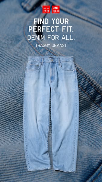 This image ad promotes Uniqlo's baggy jeans. The image focuses on the product itself, while the text encourages cust