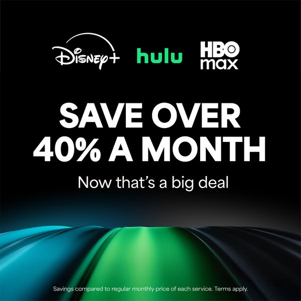 This image ad promotes a bundled streaming service offering savings on Disney+, Hulu, and HBO Max.