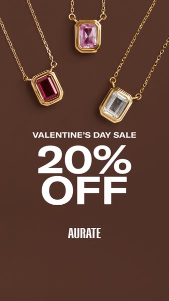 This image ad promotes Aurate's Valentine's Day sale. It features three necklaces with different colored stones 