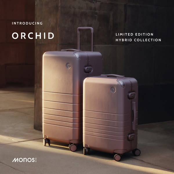 This ad showcases Monos' new limited edition Orchid Hybrid Collection luggage. The image features two suitcases in a