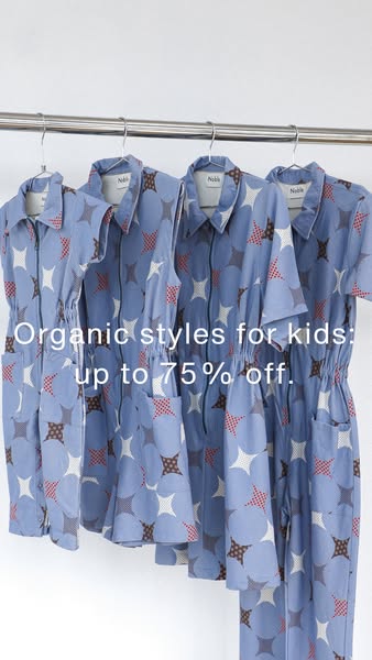 This ad showcases a selection of organic kids' clothing, specifically one-piece outfits, and highlights a discount o