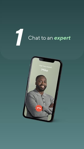 This ad promotes a service that allows users to chat with hair loss experts. The ad features a phone screen showing a vi