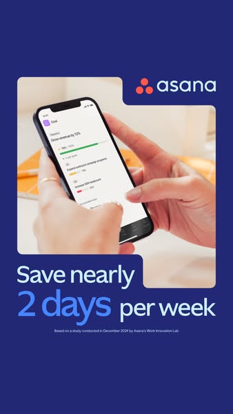 This ad for Asana features a person holding a phone with the Asana app open, highlighting the time-saving benefits of th