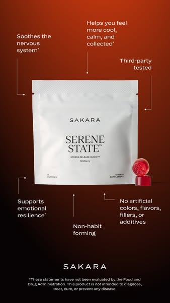 This ad promotes Sakara's Serene State stress release gummies. The ad highlights the product's key features and 