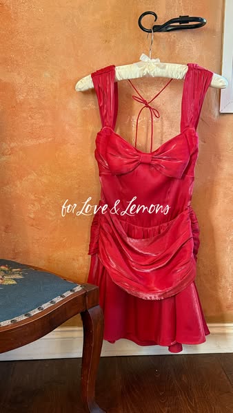 This image ad showcases a pink For Love & Lemons dress. The dress is hung on a hanger against an orange textured wal